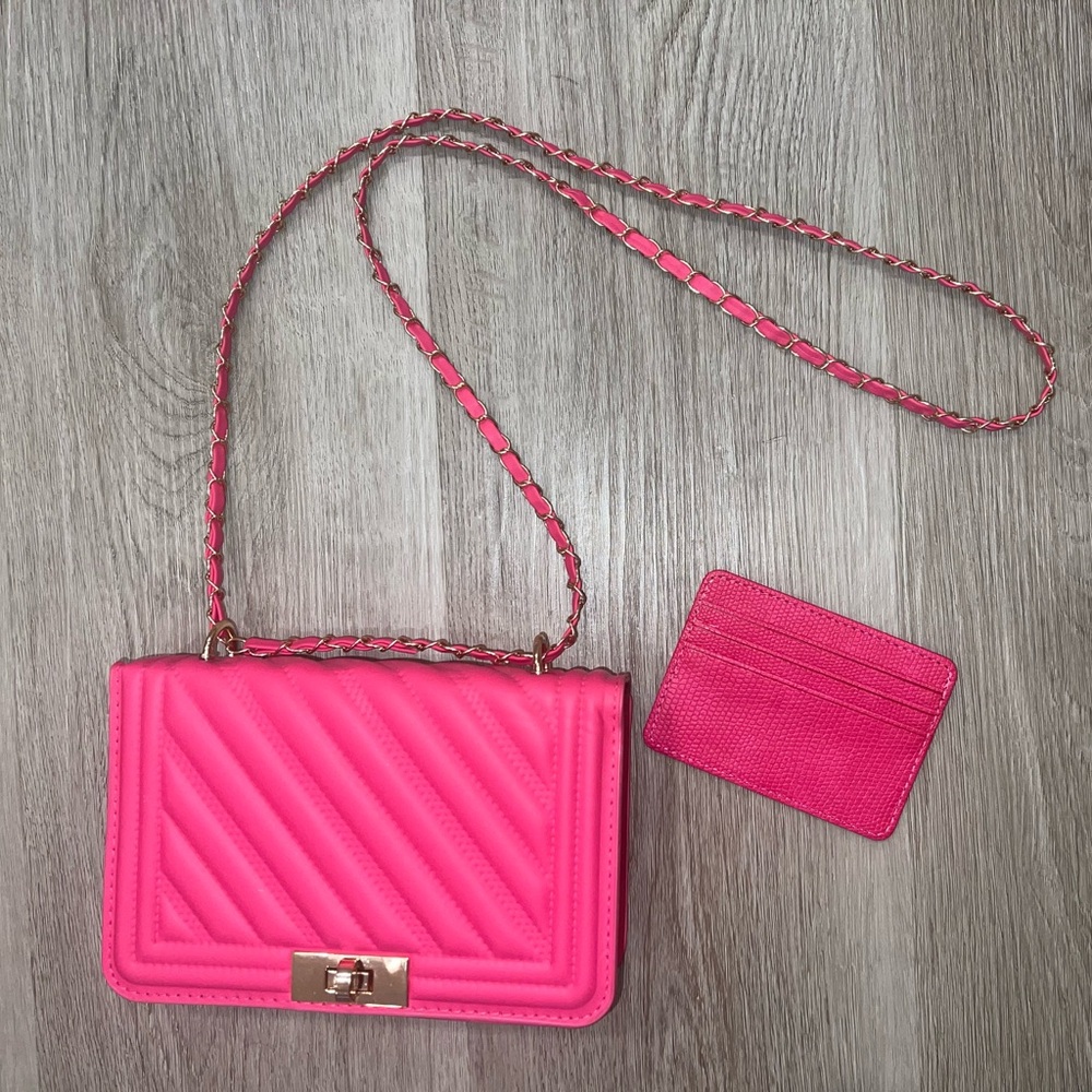 Small Quilted Bright Pink Chic Trendy Faux Leather Purse Handbag & Card Holder